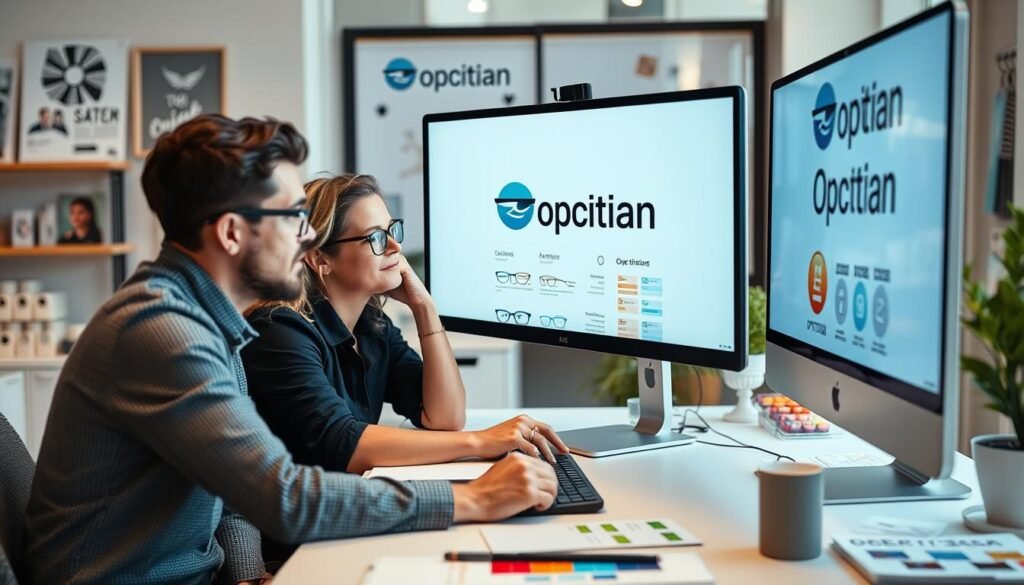 Designer travaillant sur un logo opticien avec client