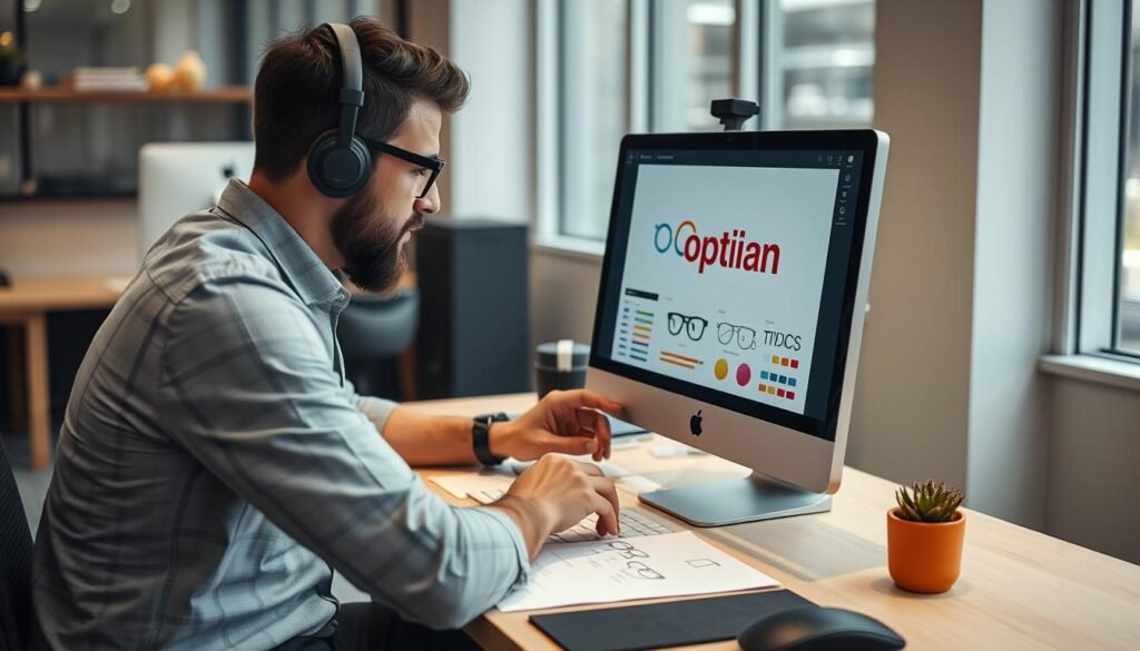 Designer travaillant sur un logo opticien sur ordinateur