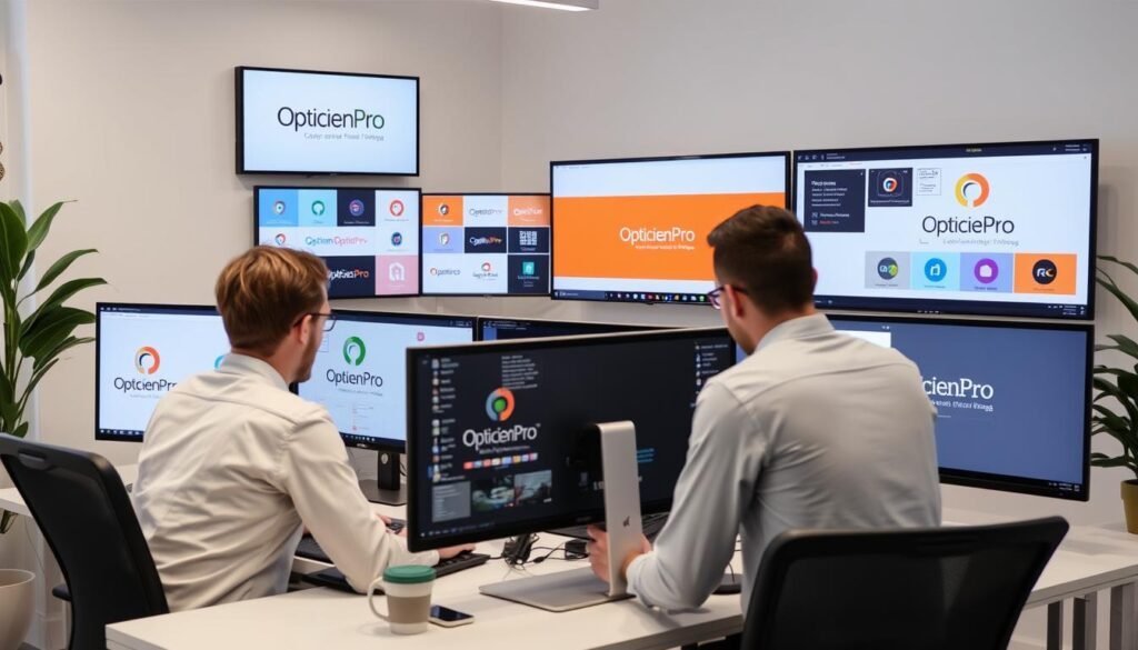 Équipe d'OpticienPro travaillant sur des projets de design pour opticiens