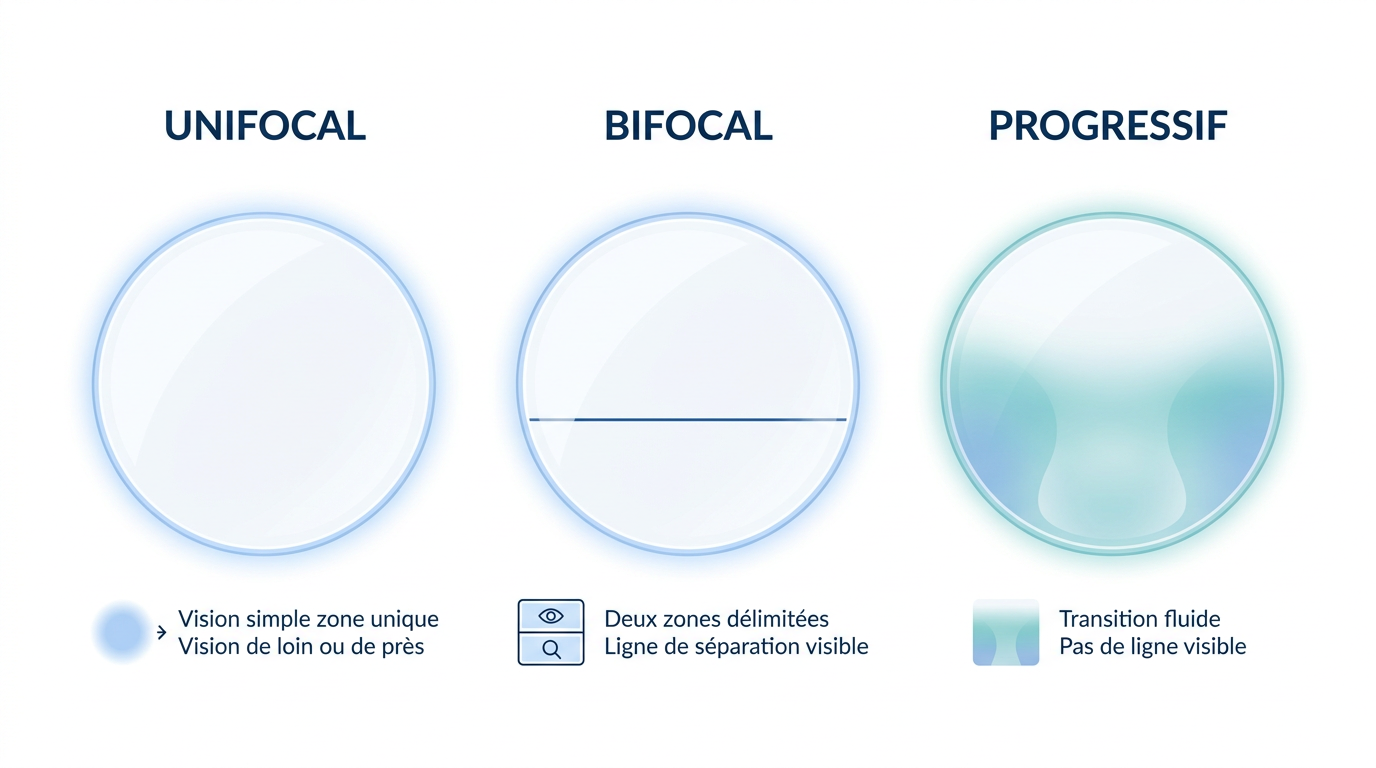 Comparatif entre verre unifocal, bifocal et progressif
