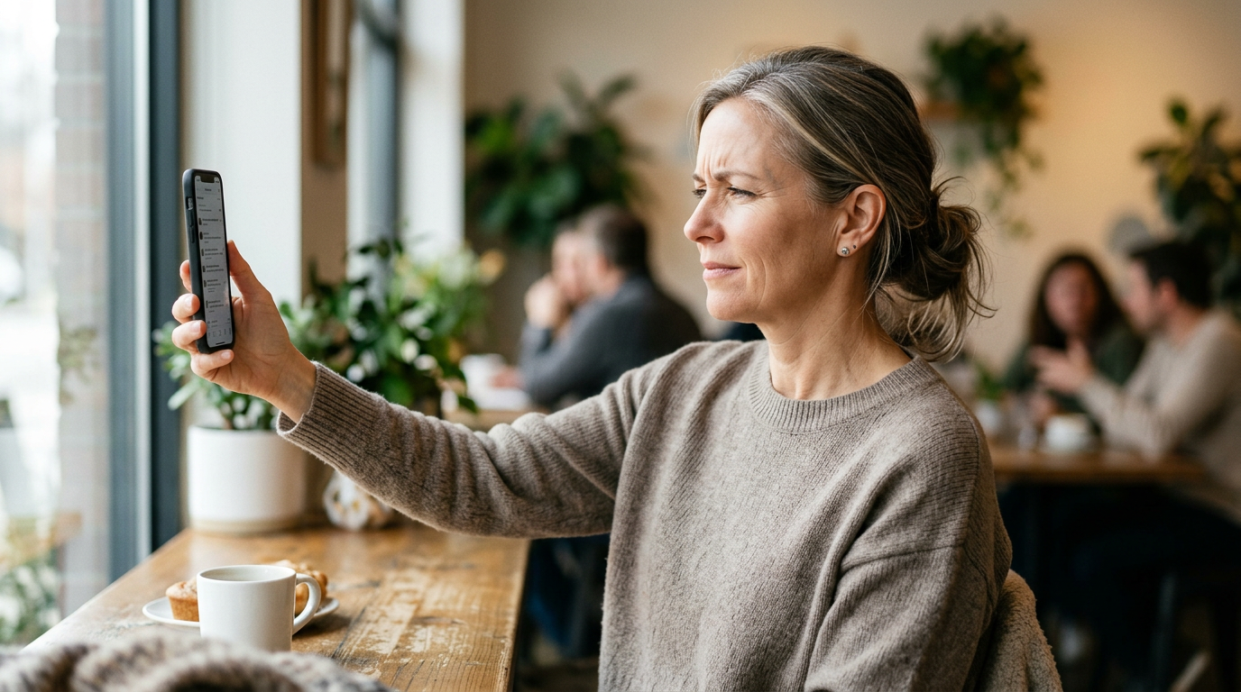Femme presbyte éloignant son téléphone pour mieux lire