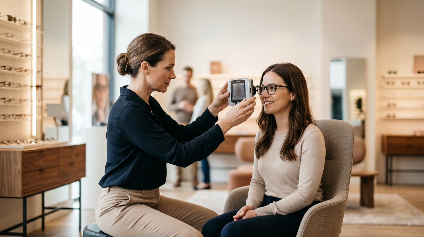 Opticienne réalisant les mesures et le centrage de verres progressifs