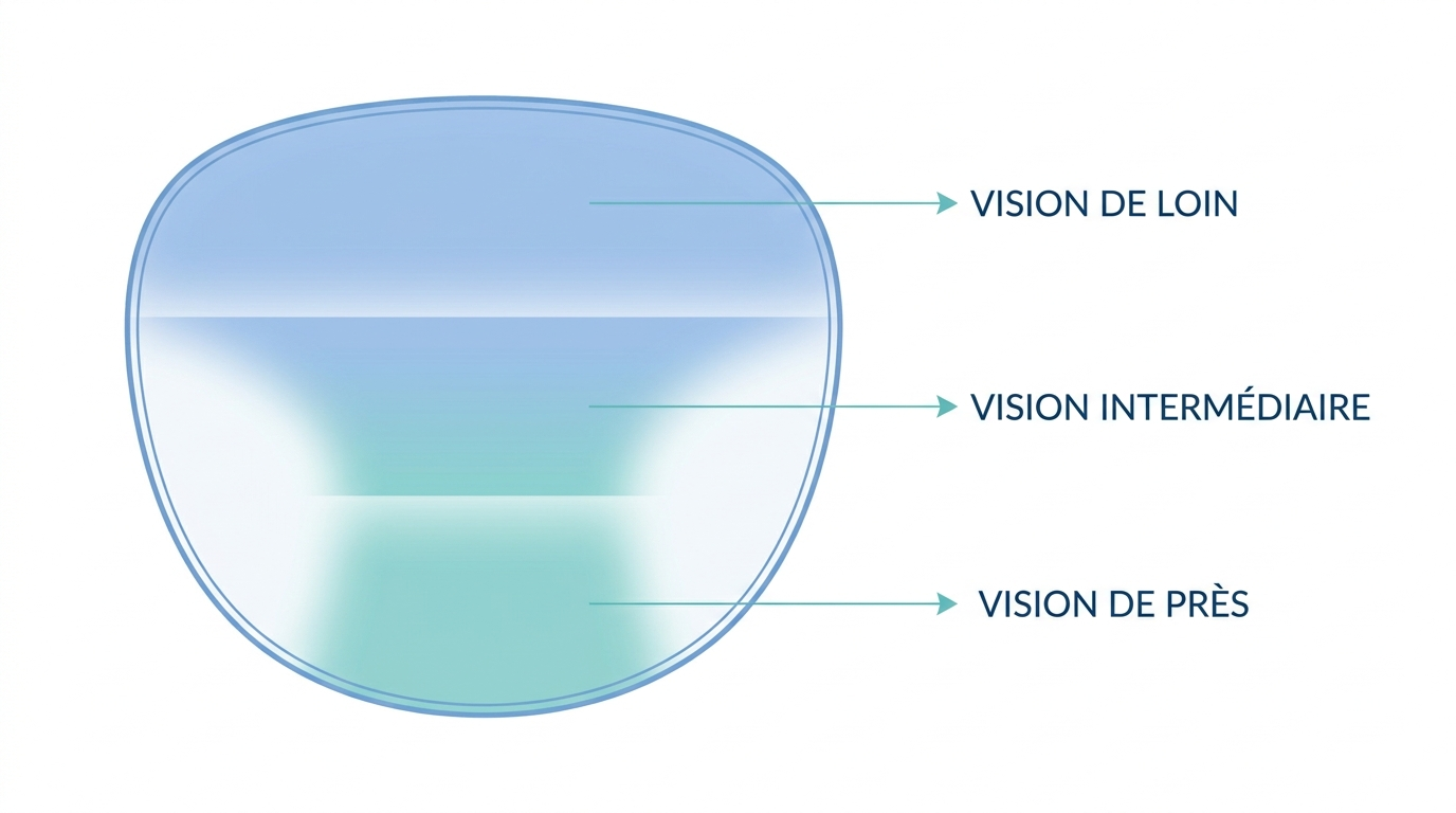 Schéma des trois zones de vision d’un verre progressif : loin, intermédiaire et près